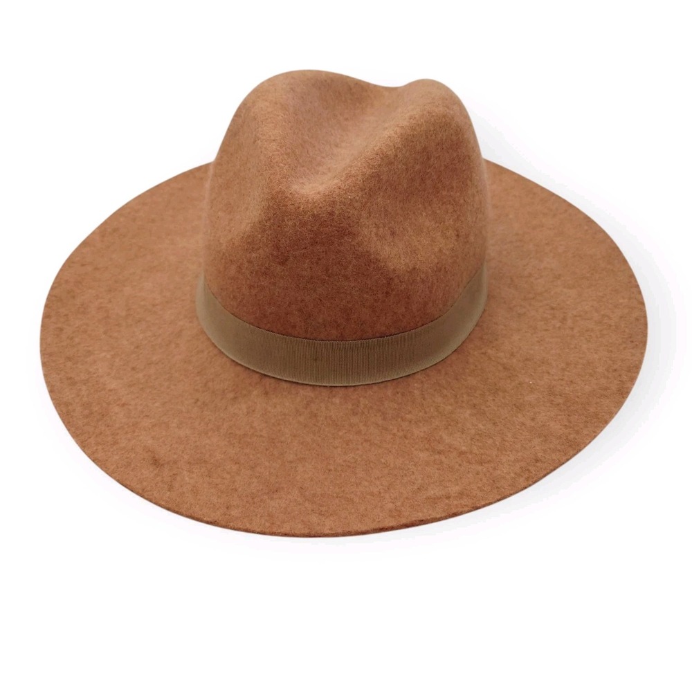 Banana Republic Womens Hat 100% Wool Felt Wide Brim Ribbon Tan Beige Floppy S/M